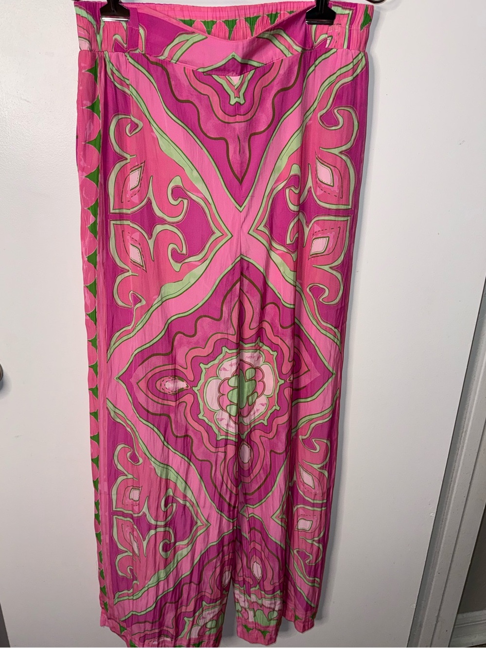 Rose + Olive Pink Green Abstract Print Wide Leg Palazzo Pants Y2K Boho Size M